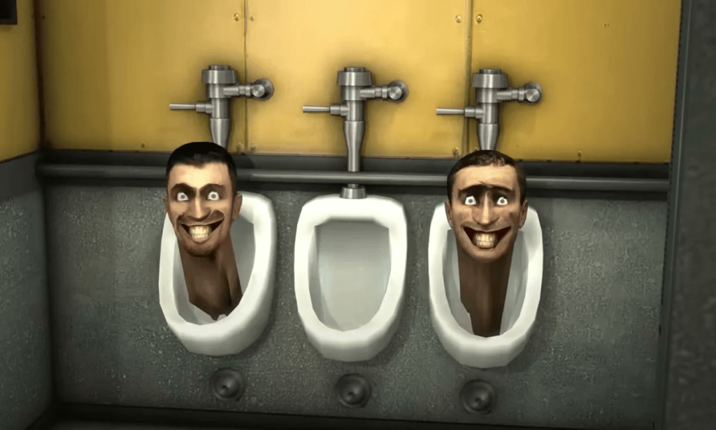 Heads emerging from a urinal in a Skibidi Toilet scene