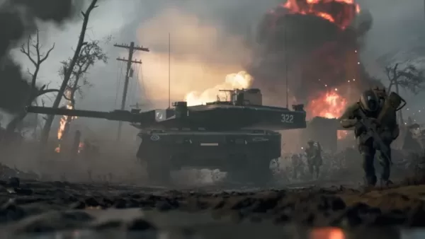 Battlefield 6 armored vehicle combat scene on wide battlefield shot