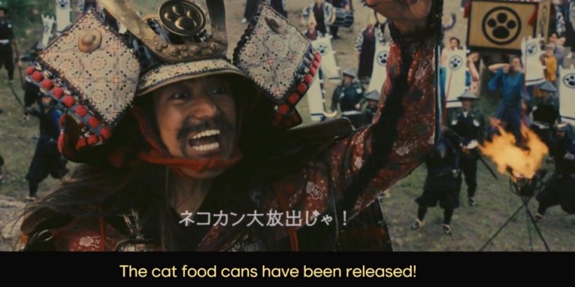 Ang cinematic shot ng isang samurai na sumisigaw ng mga lata ng pagkain ng pusa ay pinakawalan