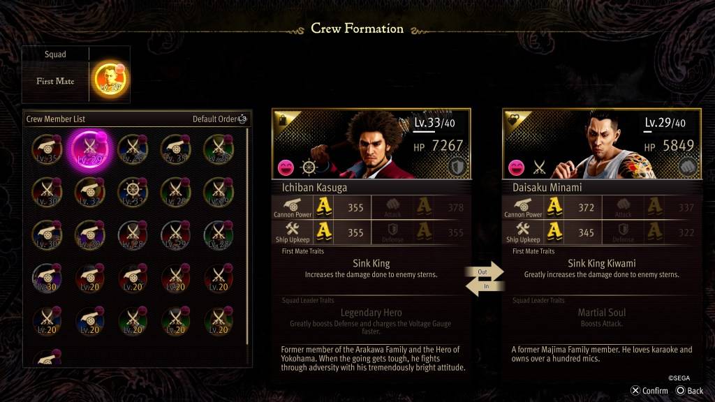 Ang screen ng Crew Formation Stat para sa Minami sa Tulad ng isang Dragon: Pirate Yakuza sa Hawaii