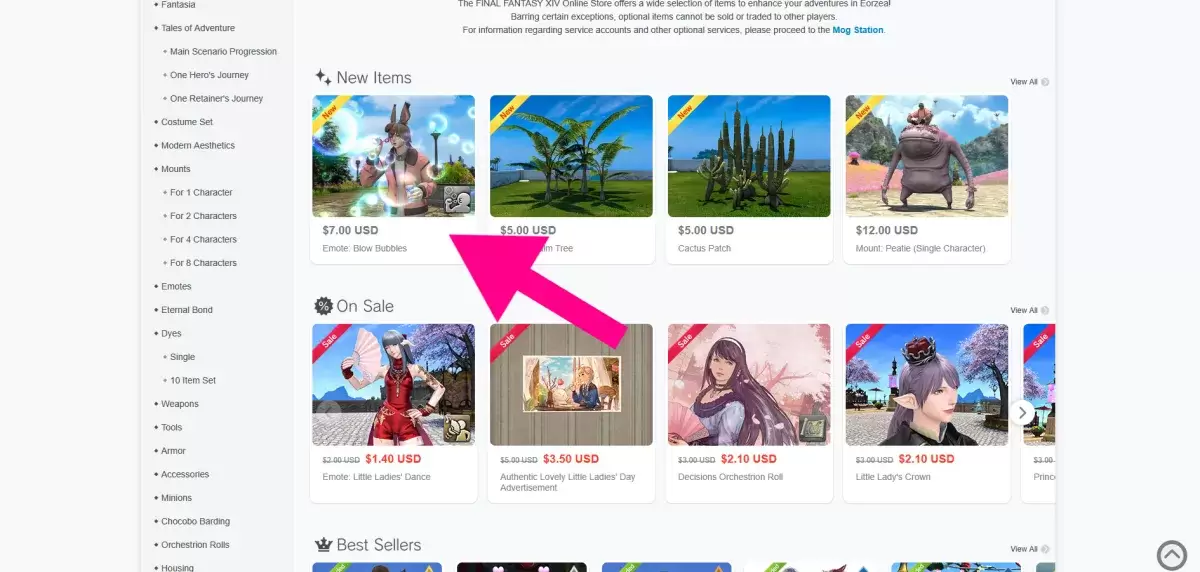 Pahina ng Mog Station Store para sa Final Fantasy XIV