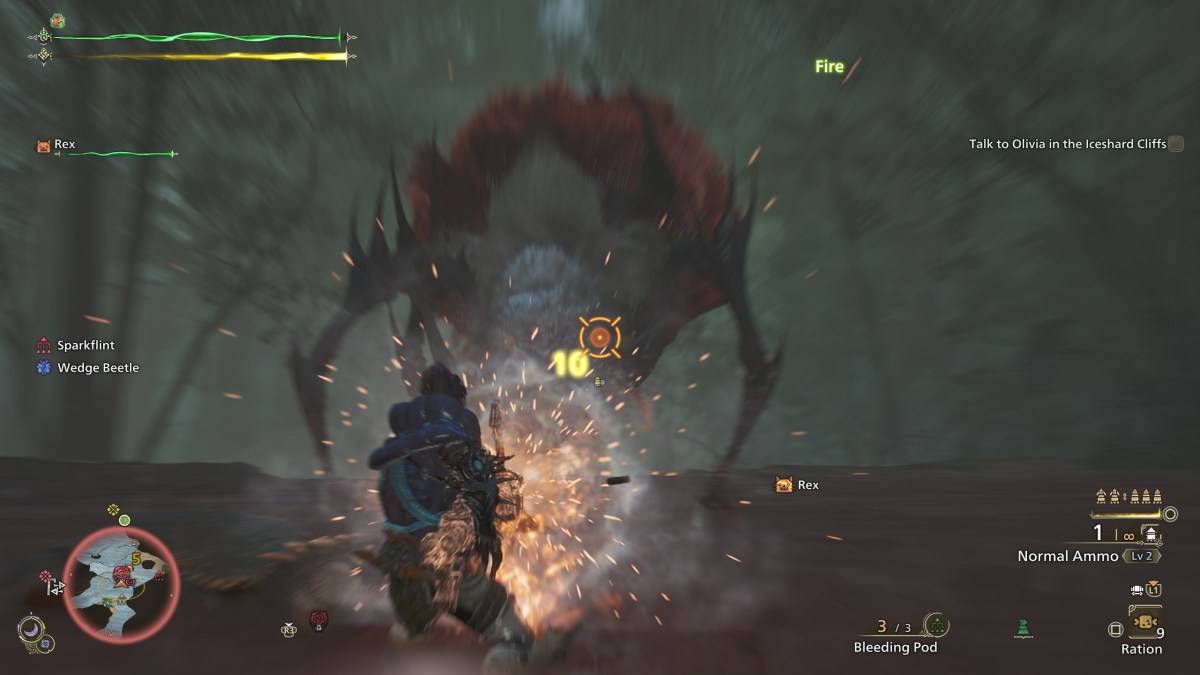 Um caçador em Monster Hunter Wilds usando munição normal com a luz leve contra uma Lala Barina