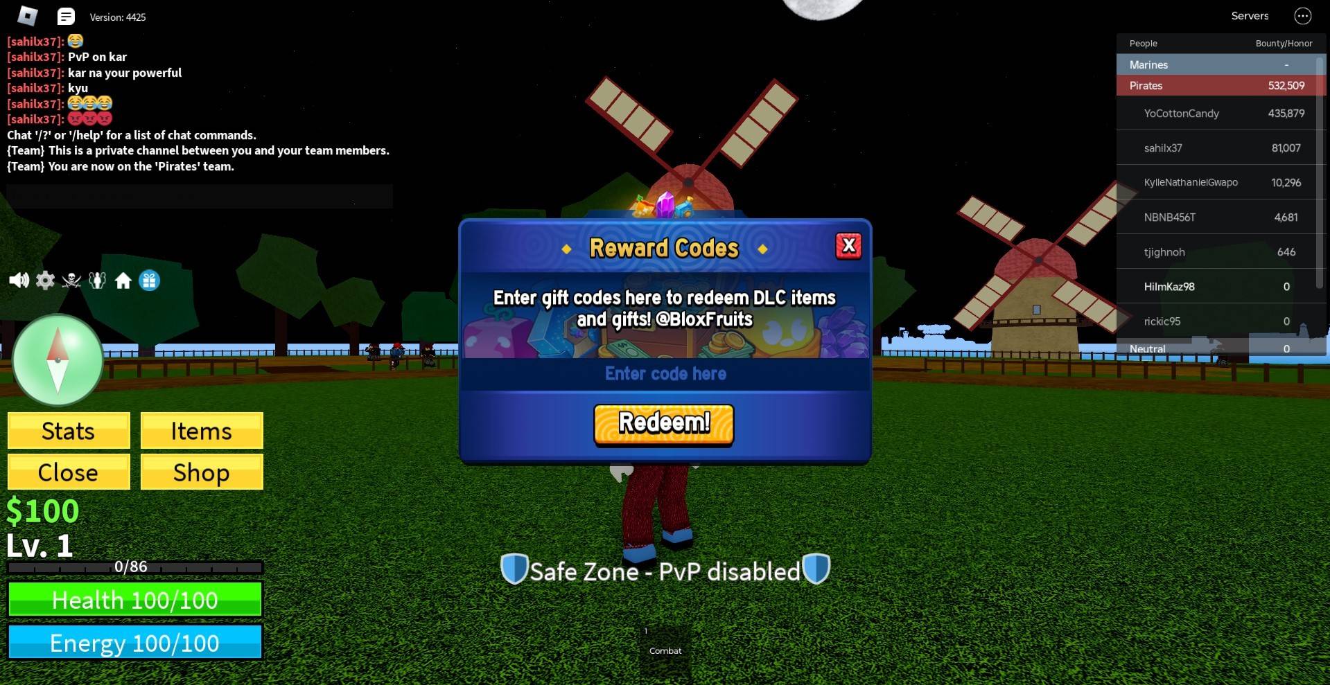 BLOX Fruits Redeem Code Interface