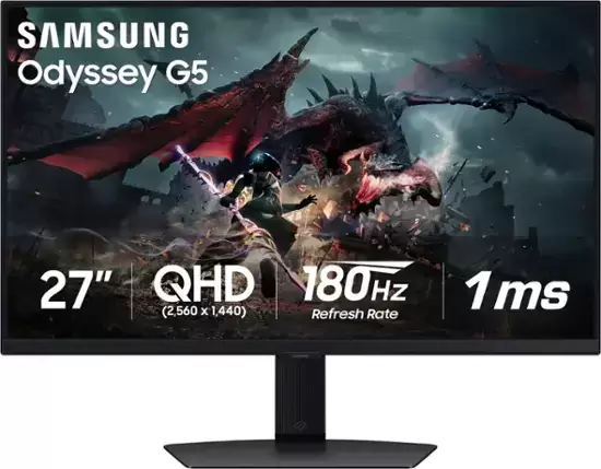 Samsung - 27” Odyssey G50D QHD IPS 180Hz 1MS AMD FREESYNC และ GAMING ที่เข้ากันได้กับ G -Sync กับ HDR 400 (DisplayPort, HDMI) - สีดำ