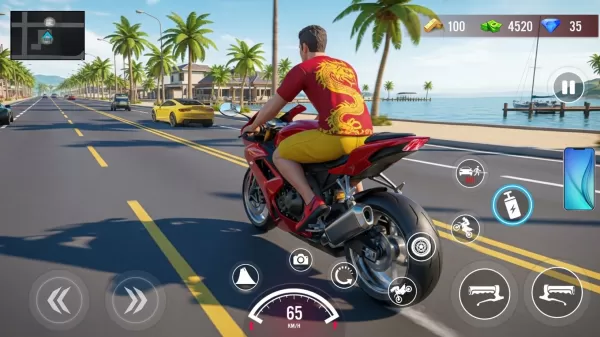 ドラゴンのTシャツを着た男が赤いバイクに乗っている