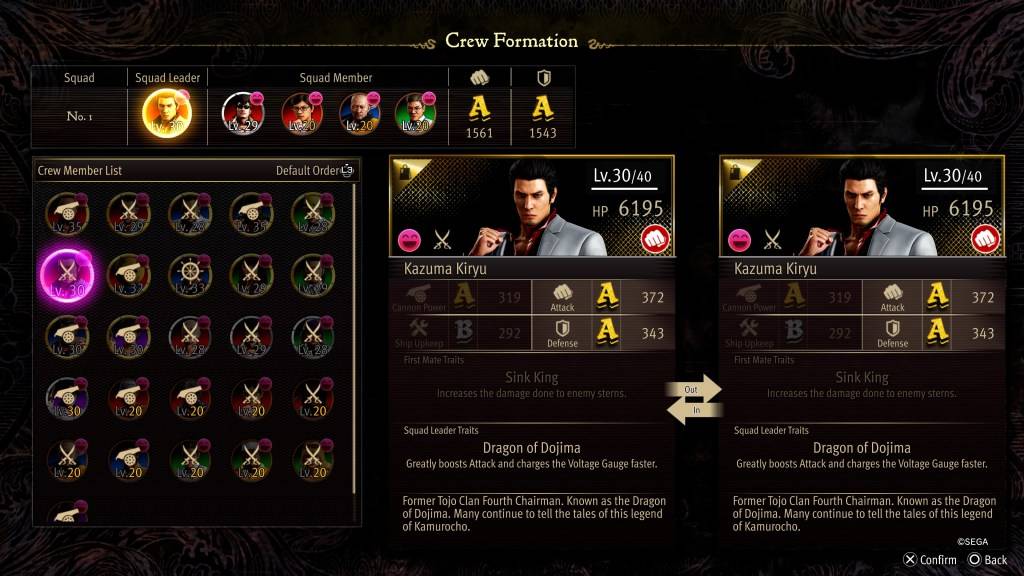 Ang screen ng Crew Formation Stat para sa Kazuma Kiryu sa Tulad ng Isang Dragon: Pirate Yakuza sa Hawaii