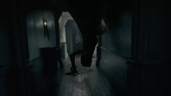 Giant female figure descends from hallway ceiling in Resident Evil 9