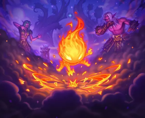 Una imagen de un pequeño y ardiente impulso que arroja humo al suelo para cegar a un grupo de elfos que lo rodean