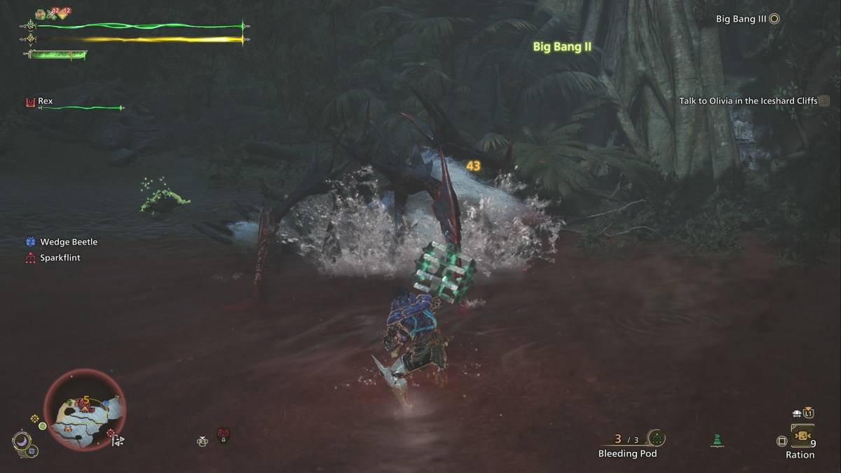 Um caçador em Monster Hunter Wilds, usando um martelo de atordoamento para atacar uma Lala Barina