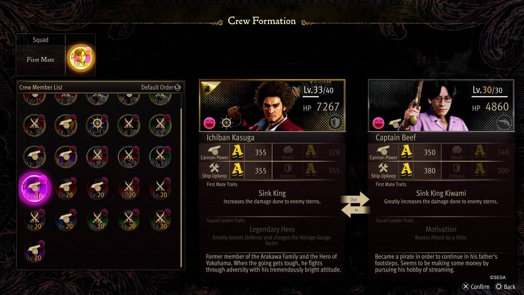 Ang screen ng Crew Formation Stat para sa Kapitan Beef sa Tulad ng isang Dragon: Pirate Yakuza sa Hawaii