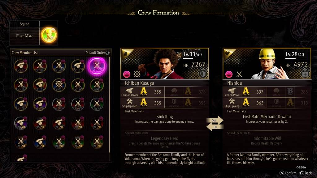 Ang screen ng Crew Formation Stat para sa Nishida sa Tulad ng isang Dragon: Pirate Yakuza sa Hawaii