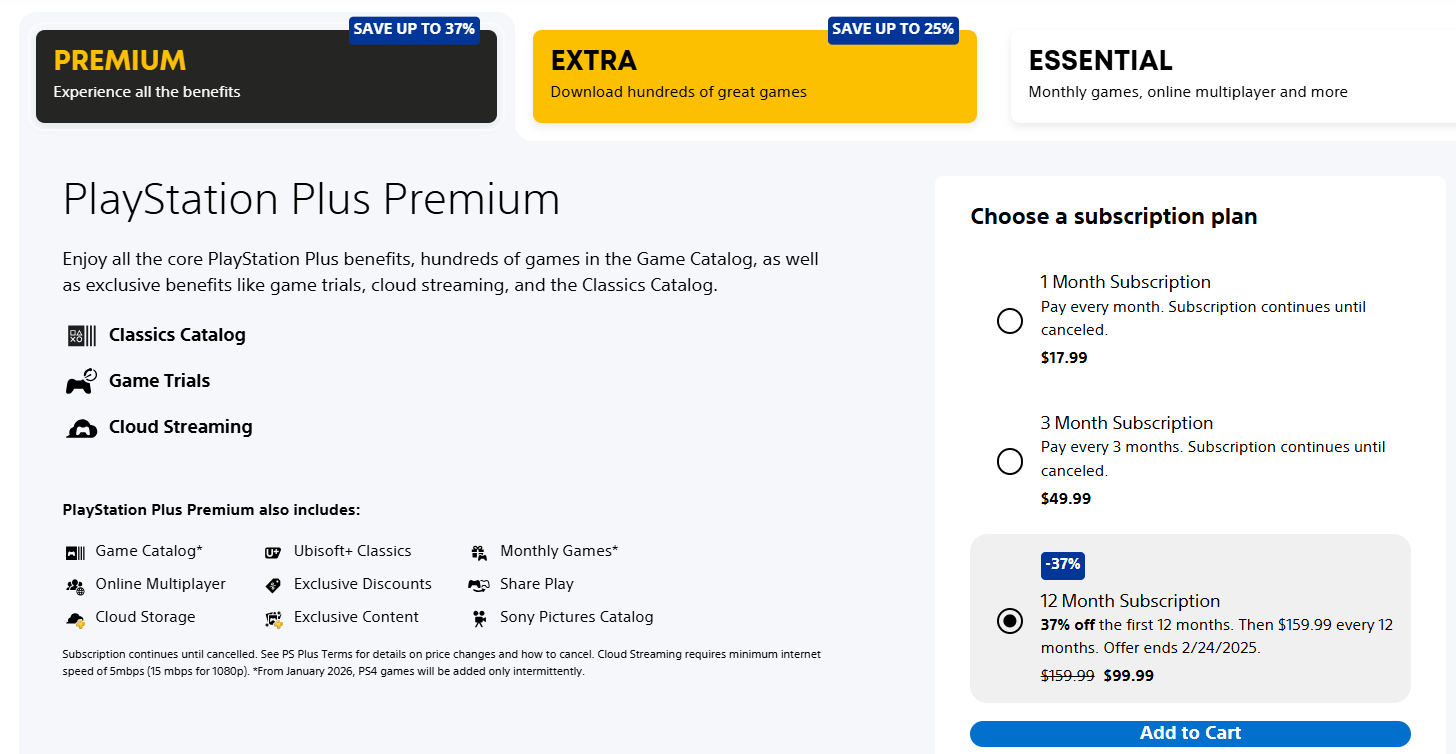 PlayStation Plus Premium è sceso a $ 99,99 per 12 mesi fino al 24 febbraio.