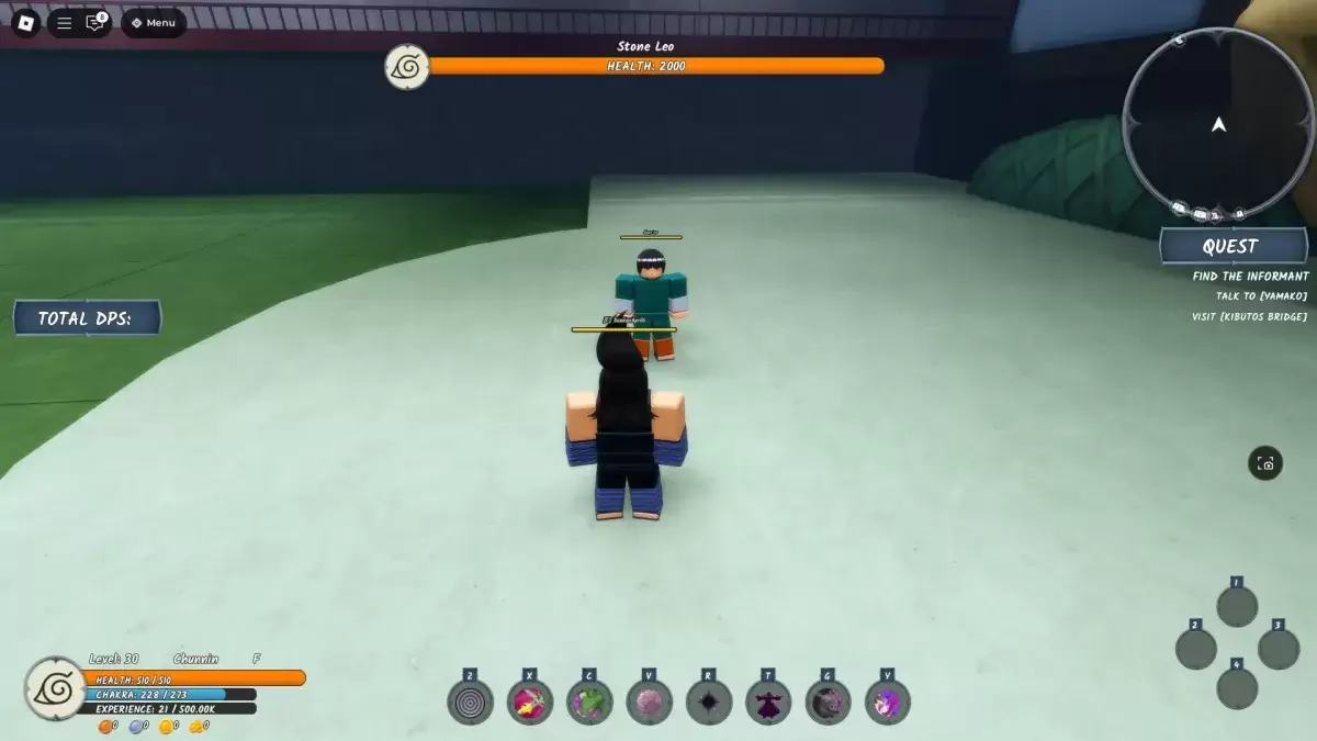 A player standing next to the Stone Leo Chunin Exam Boss in Ninja Time Roblox experience